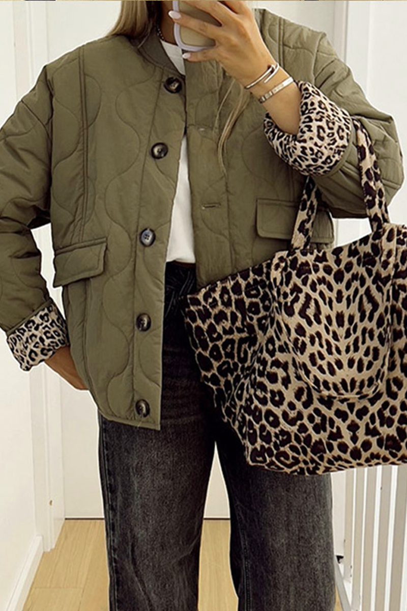 Casual Solid Color Buttons Leopard O Neck Outerwear