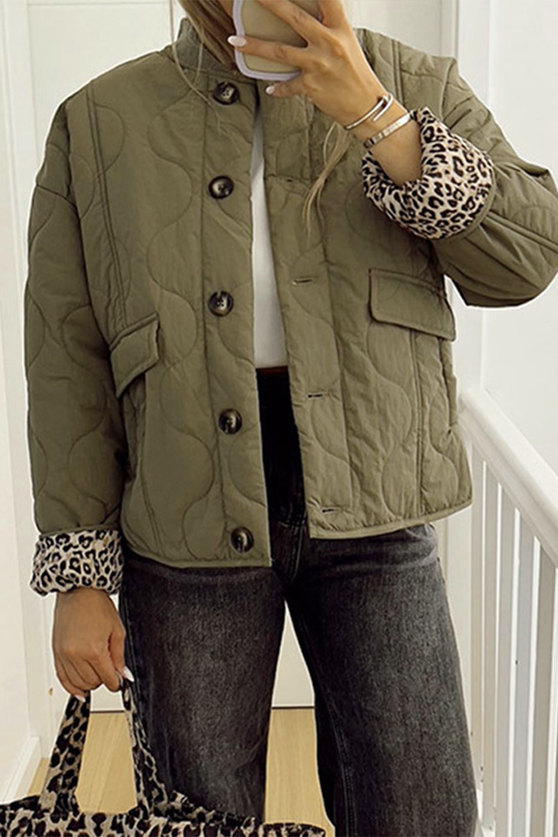 Casual Solid Color Buttons Leopard O Neck Outerwear