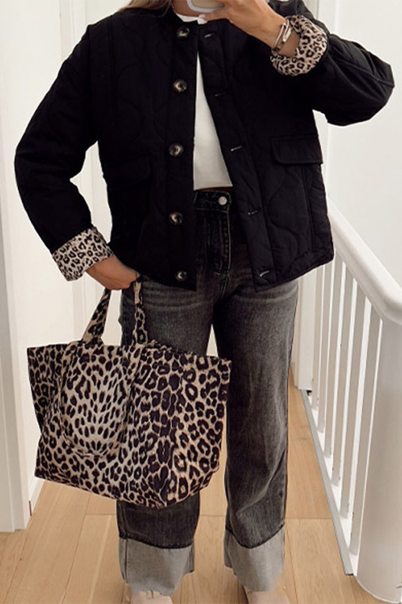 Casual Solid Color Buttons Leopard O Neck Outerwear