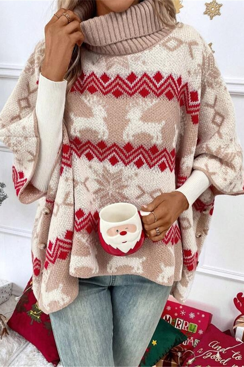 Casual Party Wapiti Snowflakes Weave Contrast Turtleneck Tops