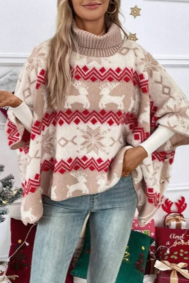 Casual Party Wapiti Snowflakes Weave Contrast Turtleneck Tops