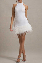 Sexy Party Solid Color Sequins Zipper Feather Hemline Halter Evening Dresses