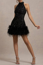 Sexy Party Solid Color Sequins Zipper Feather Hemline Halter Evening Dresses
