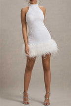 Sexy Party Solid Color Sequins Zipper Feather Hemline Halter Evening Dresses