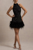 Ingrid Boutique Party Evening Dresses with Sequins, Zipper, Feather Hem and Halterneck Premium Wardrobe Essential