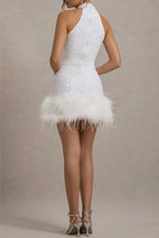 Ingrid Boutique Party Evening Dresses with Sequins, Zipper, Feather Hem and Halterneck Premium Wardrobe Essential