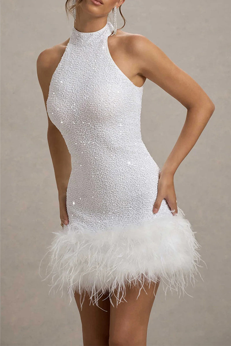 Ingrid Boutique Party Evening Dresses with Sequins, Zipper, Feather Hem and Halterneck Premium Wardrobe Essential