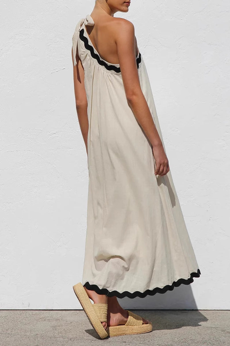 Gabriela Elevated Holiday Ripple Patchwork Dresses with Irregular Drop Shoulder and Lace Up, Sleeveless Chic Silhouette Collection