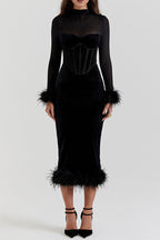 Sexy Mesh Feather Hemline Velvet O Neck Wrapped Skirt Dresses