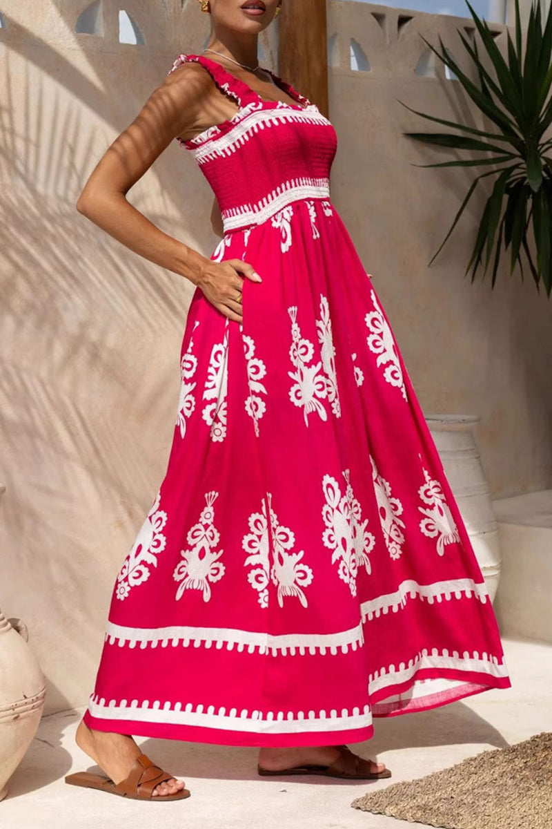 Fernanda Luxe Holiday Dress Geometric Print Pocket Thready Selvedge Square Neck Long Dresses (3 Colors) Boutique Collection