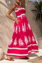 Fernanda Luxe Holiday Dress Geometric Print Pocket Thready Selvedge Square Neck Long Dresses (3 Colors) Boutique Collection