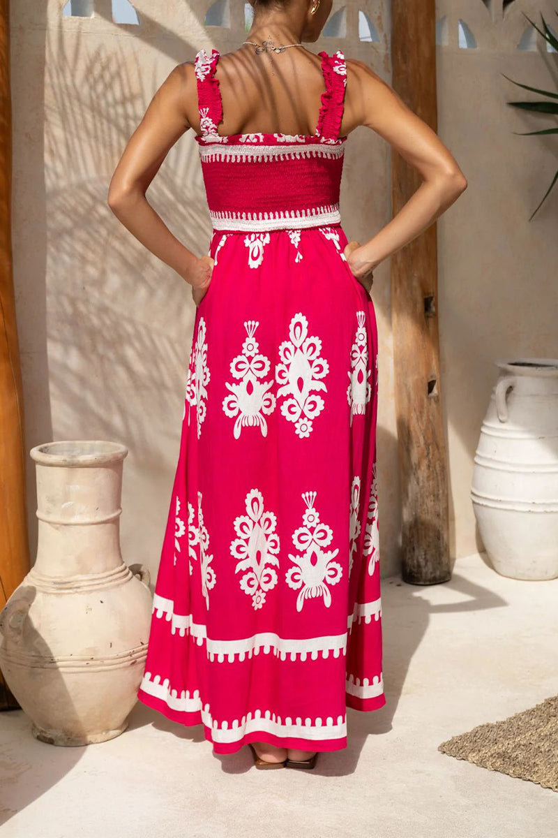 Fernanda Luxe Holiday Dress Geometric Print Pocket Thready Selvedge Square Neck Long Dresses (3 Colors) Boutique Collection