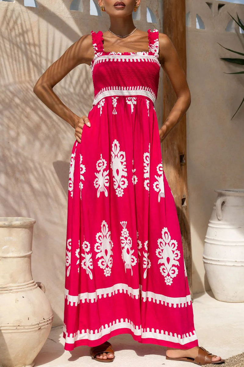 Fernanda Luxe Holiday Dress Geometric Print Pocket Thready Selvedge Square Neck Long Dresses (3 Colors) Boutique Collection