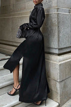 Elegant Lace Up Buckle Adjustable Turndown Collar Shirt Dresses
