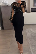 Sexy Elegant Patchwork See-Through Beading Half A Turtleneck Long Sleeve Dresses