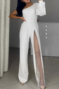 Sexy See-Through Mesh Sloping Shoulder Regular Jumpsuits