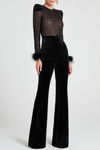 Sexy Solid Color Patchwork See-Through Velvet O Neck Regular Jumpsuits