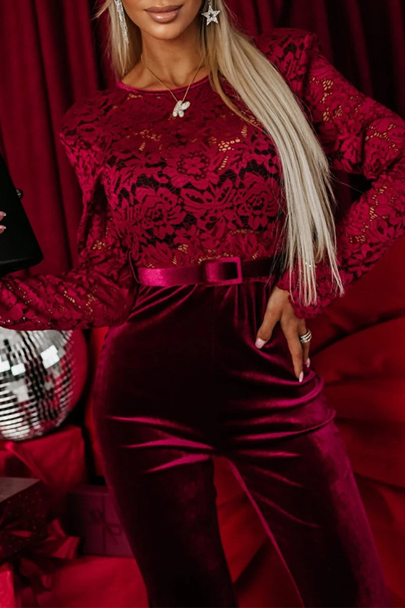 Sexy Solid Color Lace Patchwork Backless Velvet O Neck Regular Jumpsuits(No waist belt)