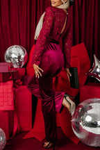 Sexy Solid Color Lace Patchwork Backless Velvet O Neck Regular Jumpsuits(No waist belt)