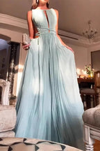 Sexy Solid Color Backless Strap Design Pleated O Neck Pleated Dresses