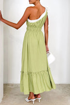Sexy Lace Up Patchwork Ruffle Contrast Sloping Shoulder Irregular Dresses