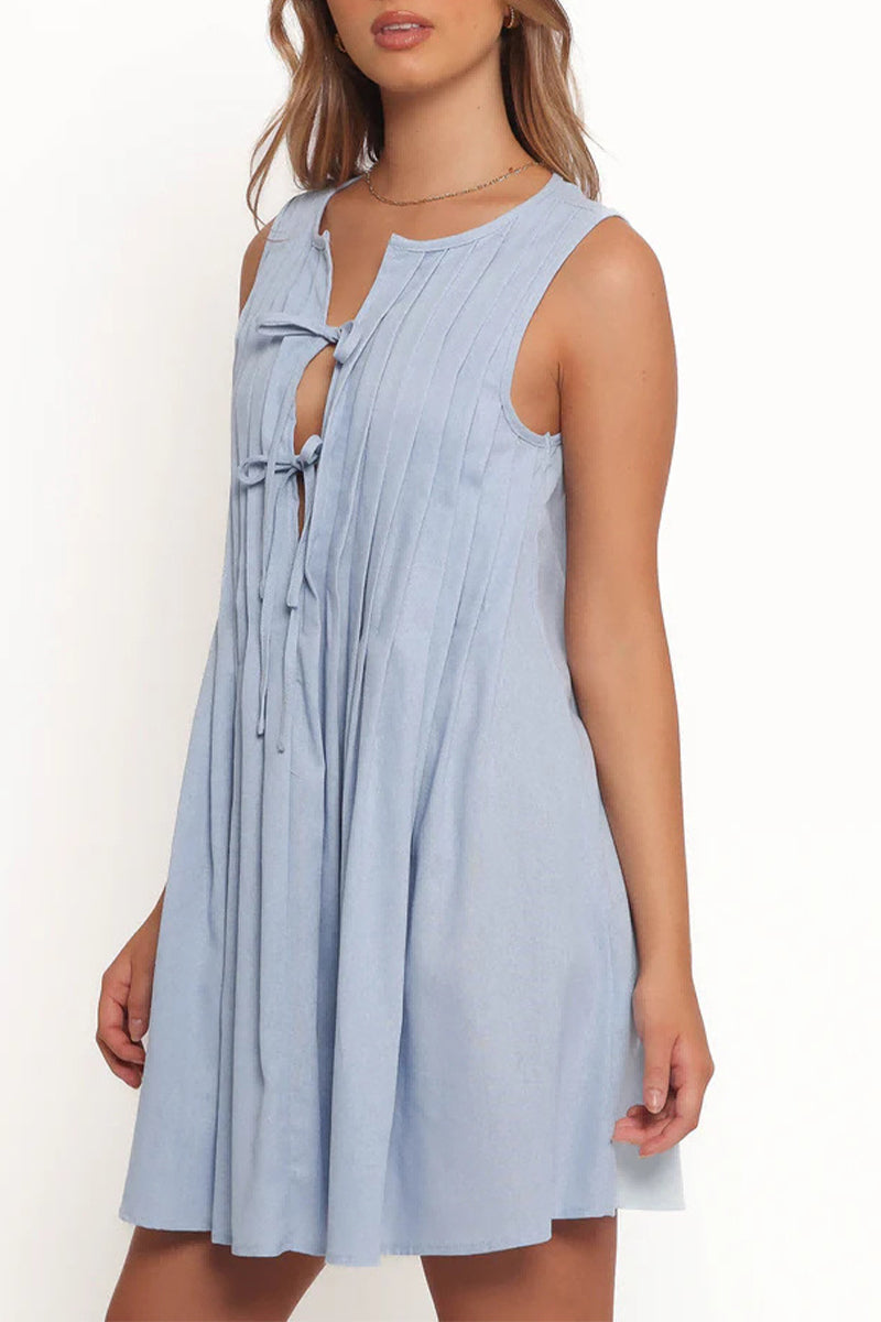 Casual Daily Solid Color Lace Up Pleated O Neck Pleated Dresses