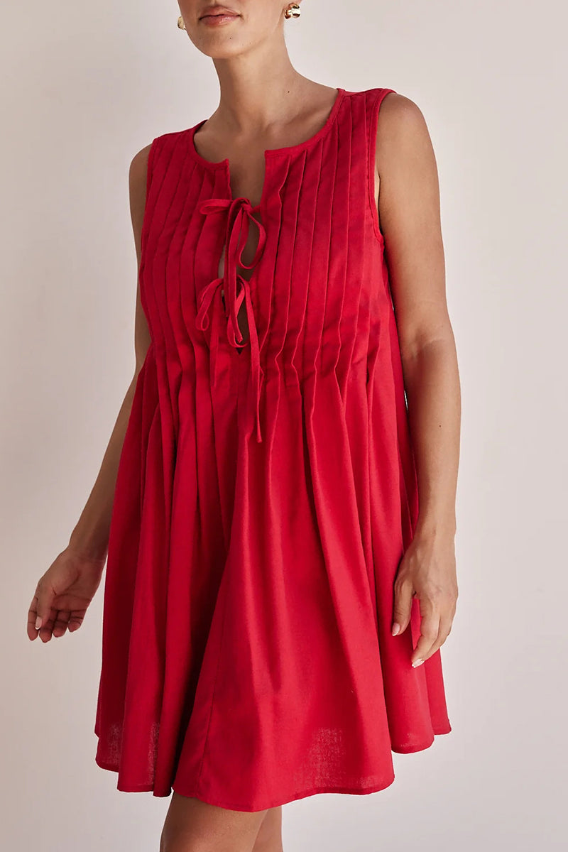 Casual Daily Solid Color Lace Up Pleated O Neck Pleated Dresses