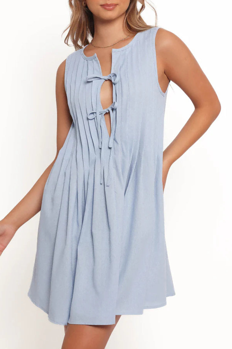Casual Daily Solid Color Lace Up Pleated O Neck Pleated Dresses