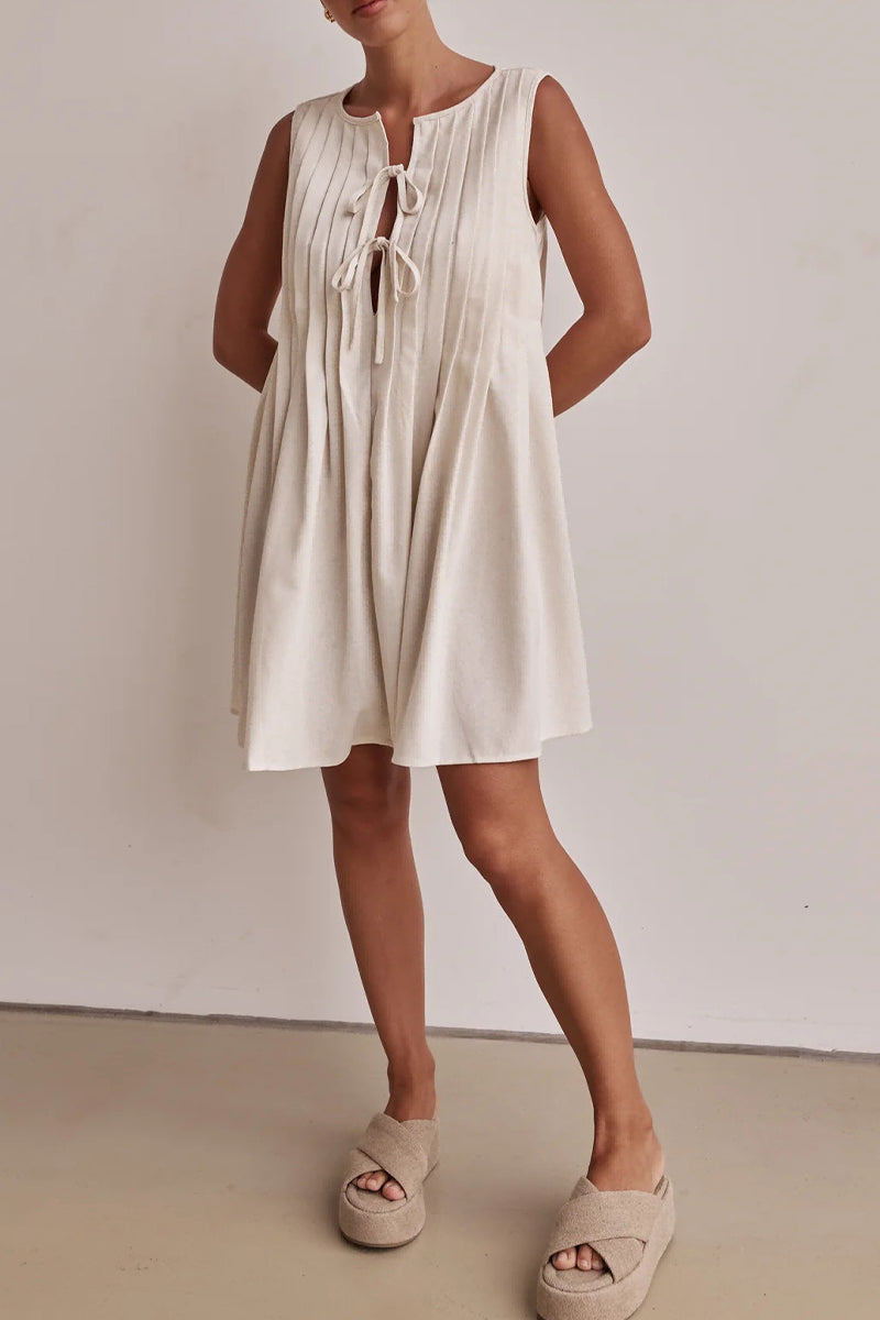 Casual Daily Solid Color Lace Up Pleated O Neck Pleated Dresses