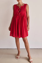 Casual Daily Solid Color Lace Up Pleated O Neck Pleated Dresses