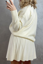 Elegant Solid Color Patchwork Pleated O Neck Long Sleeve Two Pieces
