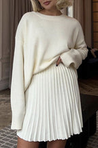 Elegant Solid Color Patchwork Pleated O Neck Long Sleeve Two Pieces