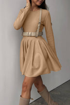 Elegant Solid Color Ruched O Neck Sweater Dress Dresses