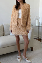 Celebrities Elegant Solid Color Fringed Trim O Neck Long Sleeve Two Pieces