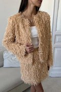 Celebrities Elegant Solid Color Fringed Trim O Neck Long Sleeve Two Pieces