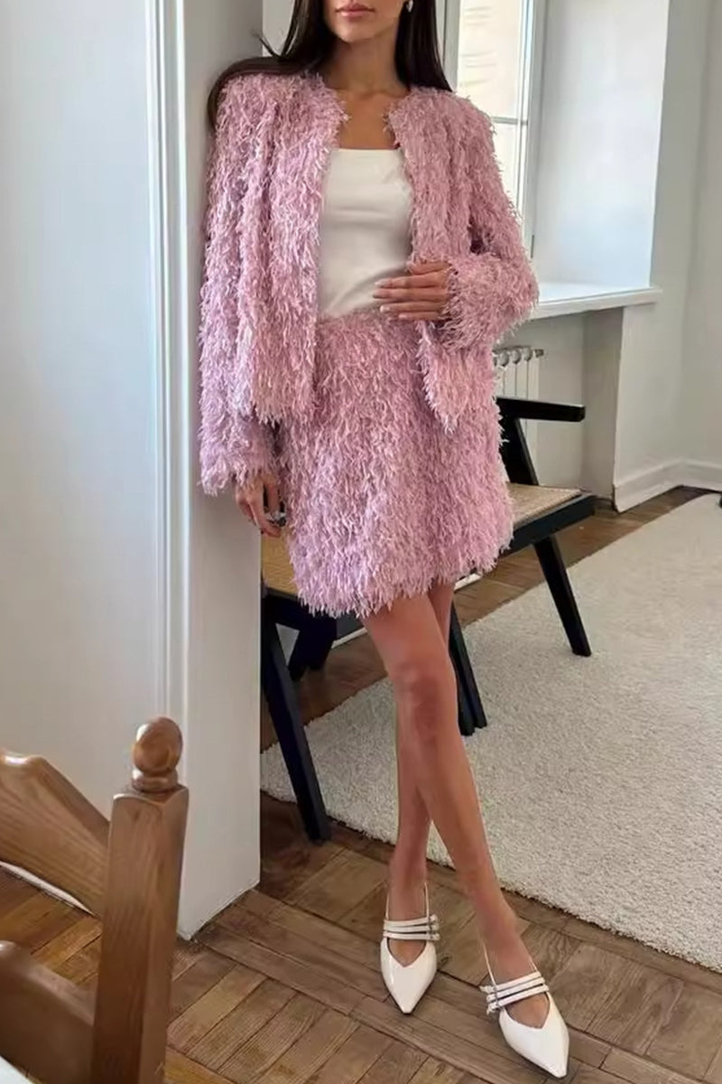 Celebrities Elegant Solid Color Fringed Trim O Neck Long Sleeve Two Pieces