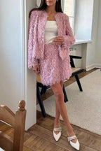 Celebrities Elegant Solid Color Fringed Trim O Neck Long Sleeve Two Pieces