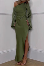 Elegant Slit Irregular Sloping Shoulder Long Dresses