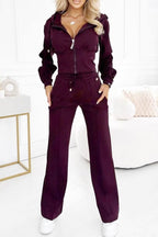 Casual Daily Solid Color Pocket Zipper Hooded Long Sleeve Two Pieces