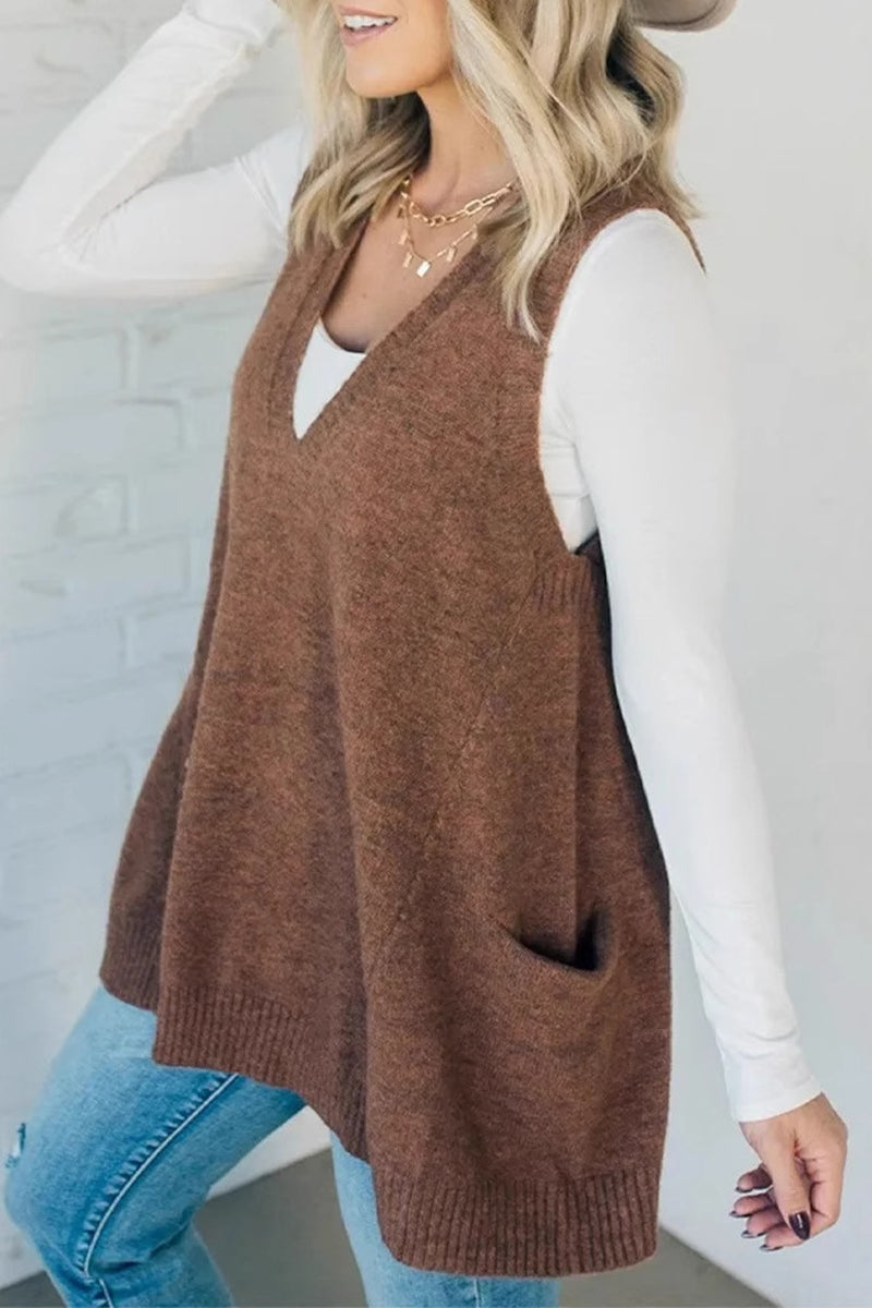 Casual Daily Solid Color Pocket V Neck Tops