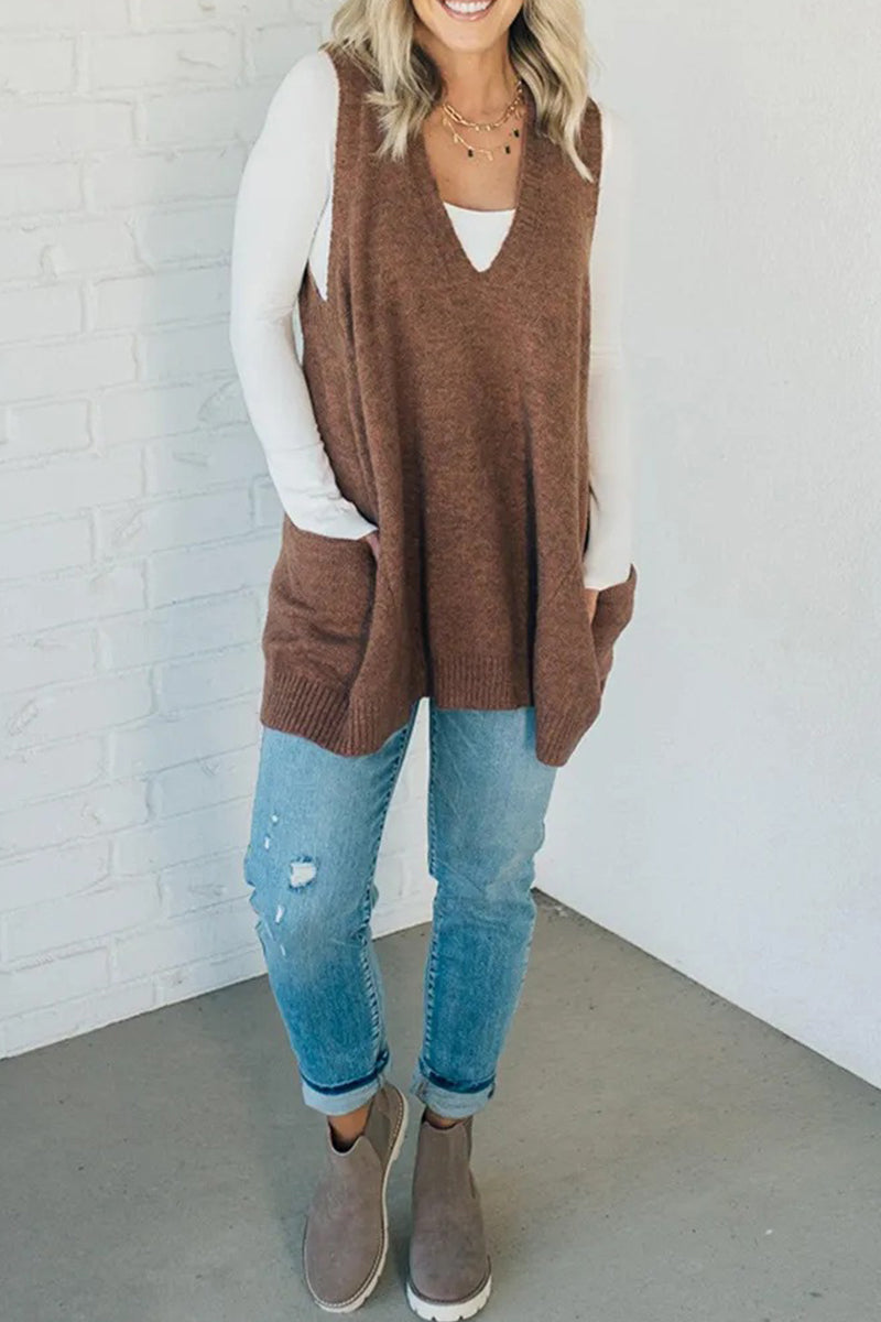 Casual Daily Solid Color Pocket V Neck Tops
