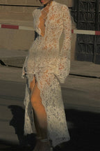 Sexy Solid Color Lace See-Through Strap Design V Neck Lace Dress Dresses