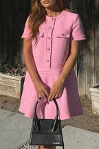Elegant Solid Color Buttons Patchwork O Neck A Line Short Sleeve Dress