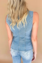 Casual Daily Solid Color Buttons O Neck Sleeveless Regular Denim Jacket