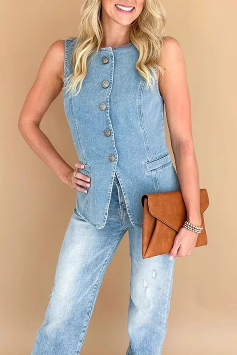 Casual Daily Solid Color Buttons O Neck Sleeveless Regular Denim Jacket