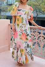Elegant Floral Print Ruffle Contrast Square Neck A Line Dresses