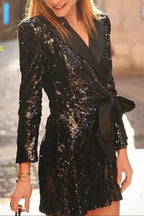 Sexy Solid Color Sequins Lace Up Turn-back Collar Suit Dresses