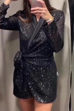 Sexy Solid Color Sequins Lace Up Turn-back Collar Suit Dresses