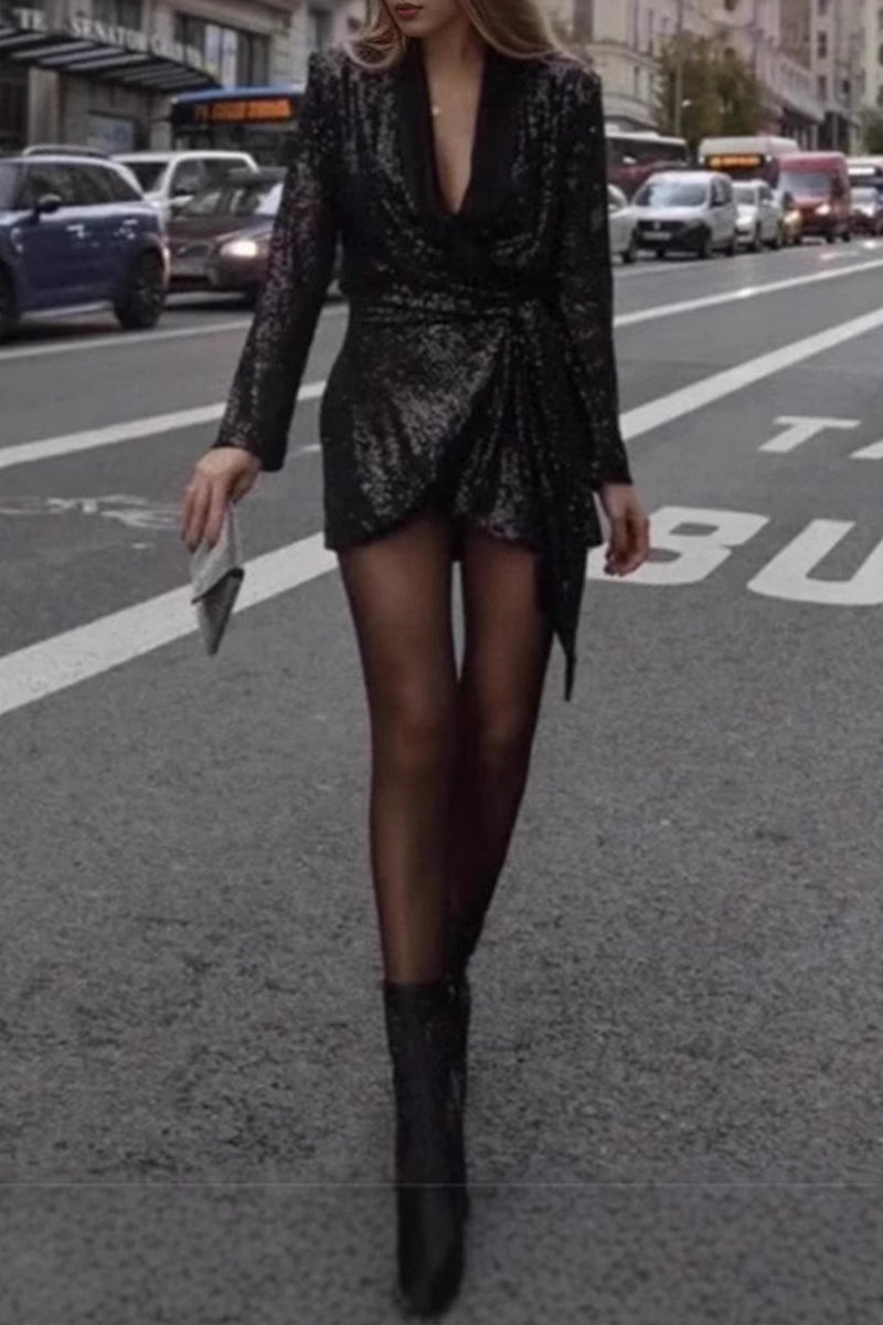 Sexy Solid Color Sequins Lace Up Turn-back Collar Suit Dresses