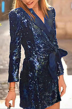Sexy Solid Color Sequins Lace Up Turn-back Collar Suit Dresses